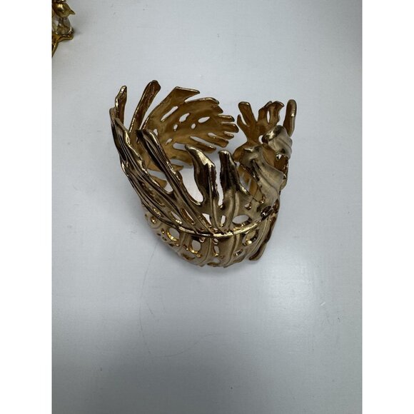 ZARA Gold Leaf Statement Cuff Bracelet Sculptural Openwork Wide Bangle Bold Maxi - Picture 5 of 11